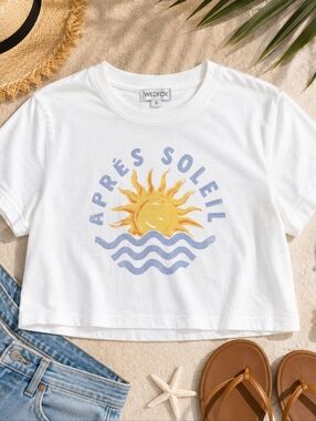 Fun Wildfox Apres Soleil Graphic Crop Tee Sun Wave Beachy Cotton Casual